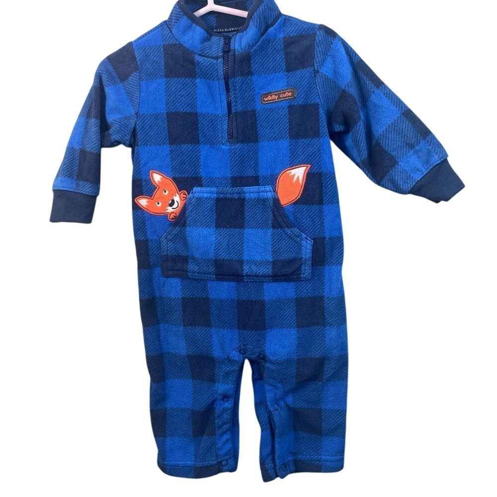 Wildly Cute Baby Boy Plaid Jumpsuit One-Piece Fox Applique‎ Zip Up